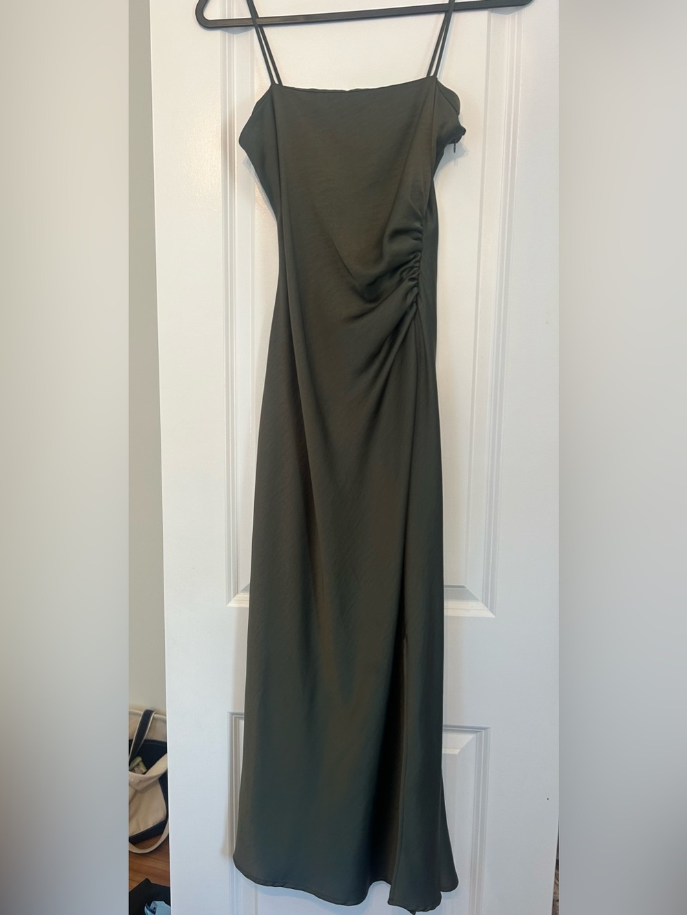 Zara Olive Green Spaghetti Strap Ruched Maxi Dress